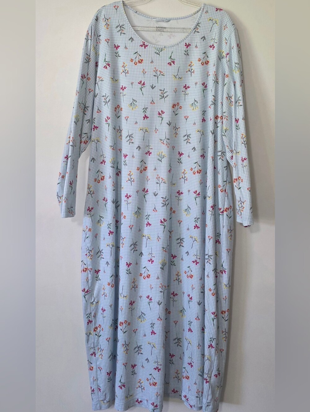 Lands' End 100% Cotton Long Sleeve Nightgown Floral Gingham Check Cottagecore 1X